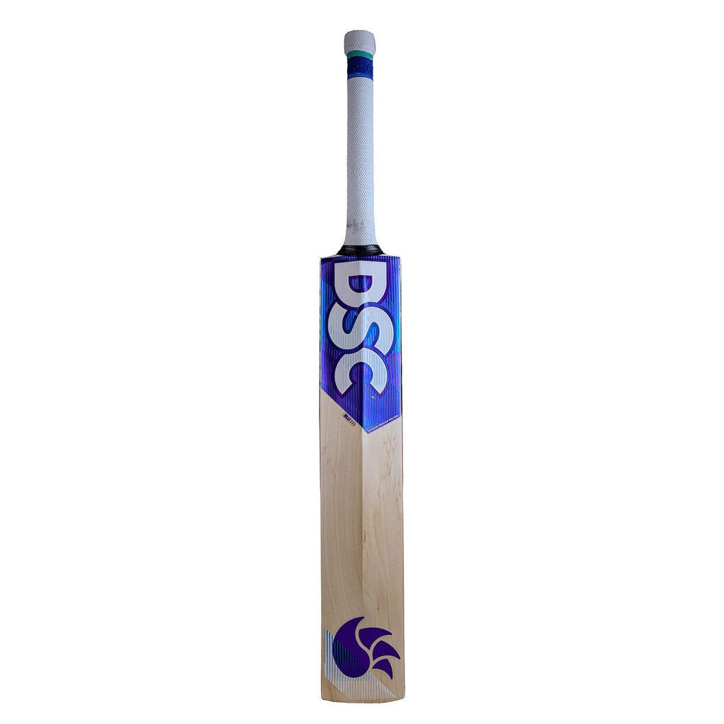 DSC BLU 111 English willow cricket bat, back and spine with blue DSC stickers
