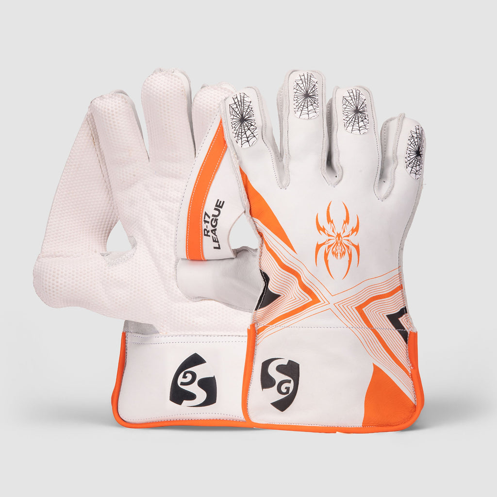 SG RP-17 League Adult wicketkeeping gloves in white and orange, pair view