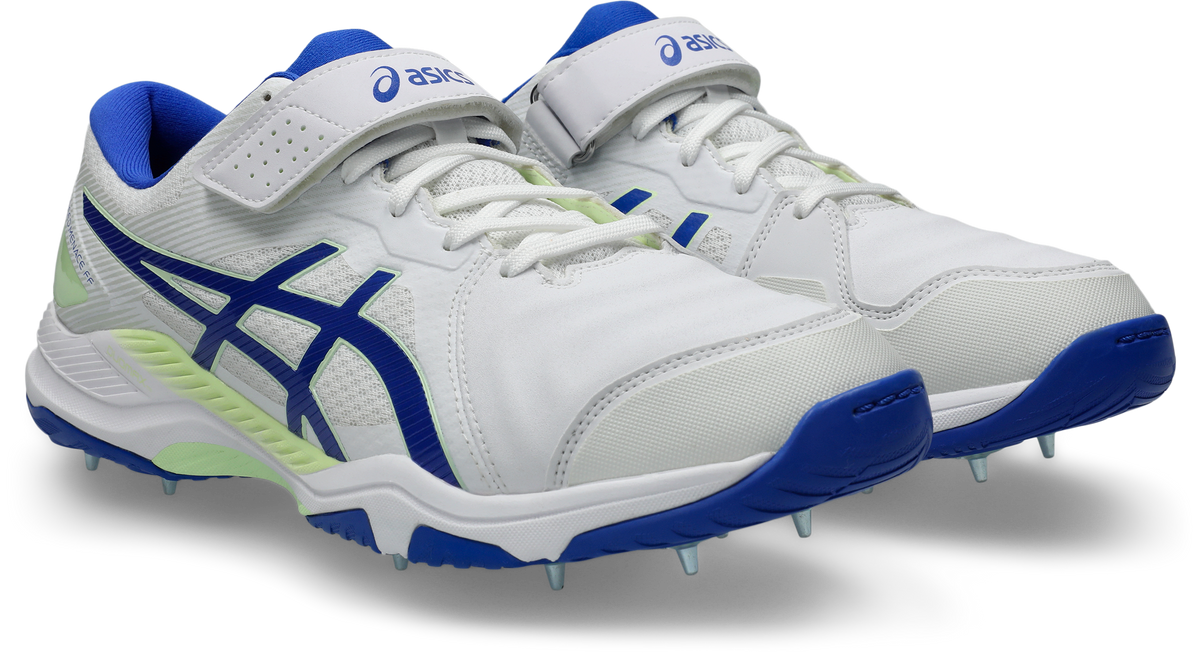 ASICS Speed Menace FF Cricket Spikes - White/Neon Blue front view