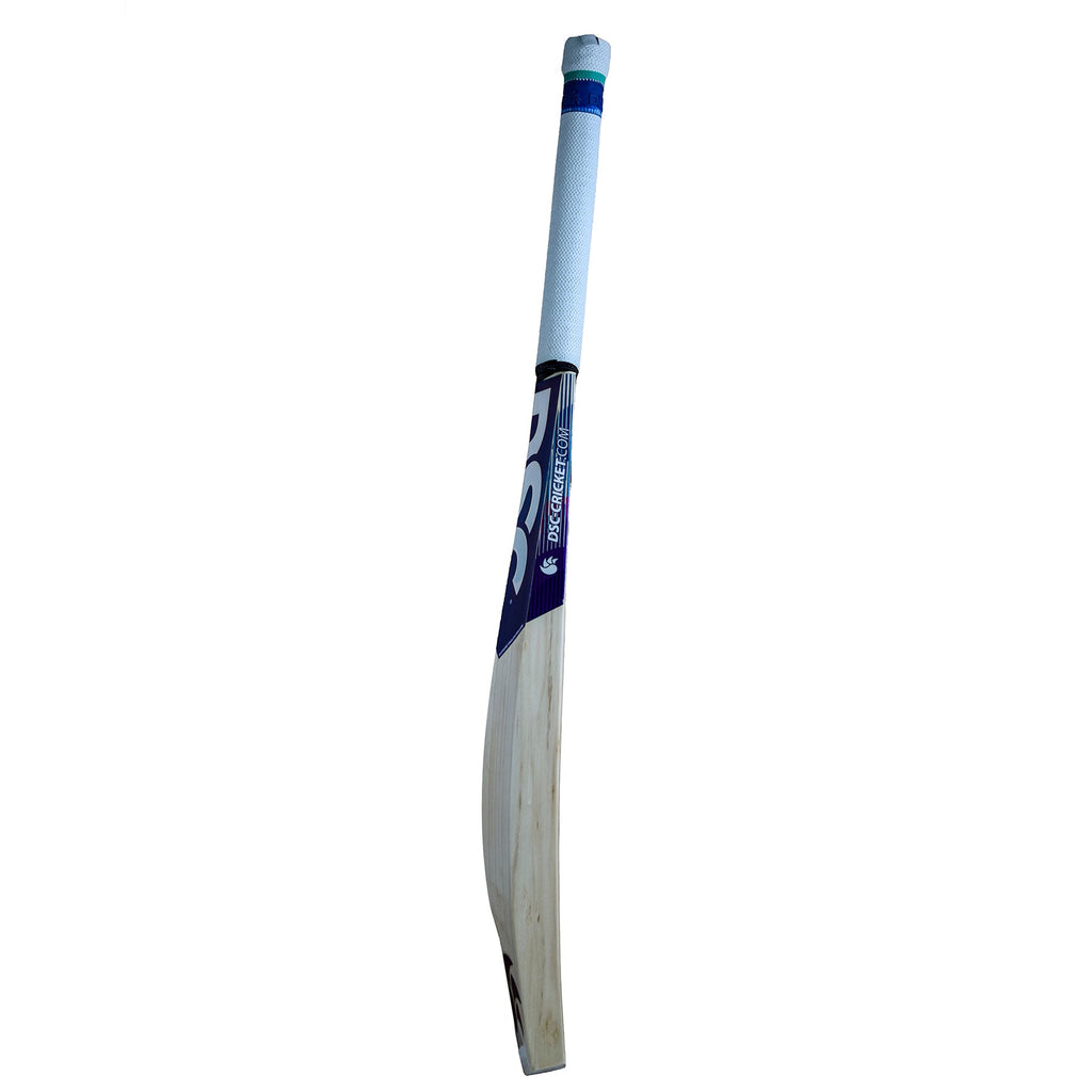 DSC BLU 300 English willow cricket bat, opposite side showing edge and DSC branding