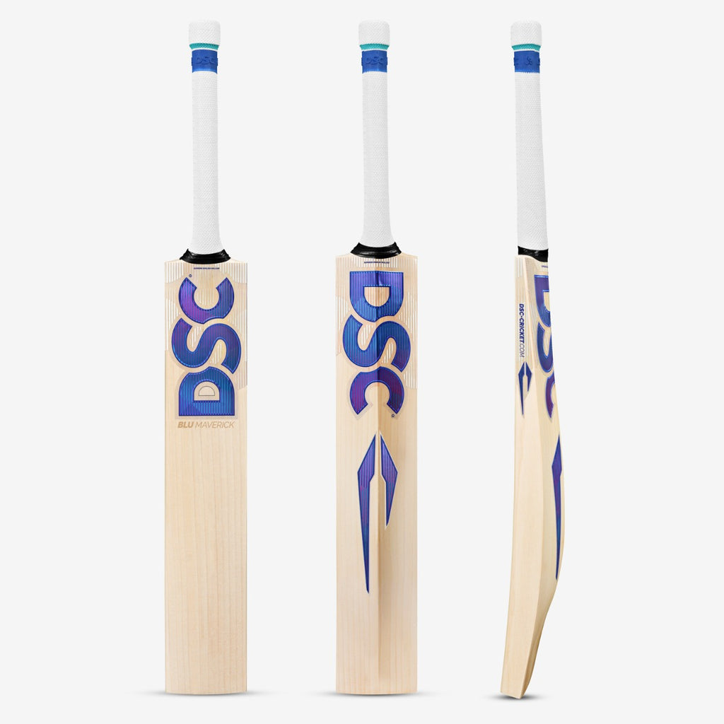 DSC BLU Maverick Short Handle English willow cricket bat shown from the front, rear and side
