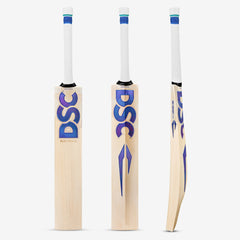 DSC BLU Mirage Short Handle English willow cricket bat shown from the front, rear and side