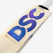 DSC BLU Mirage cricket bat close-up showing blue DSC face branding and Mirage model label