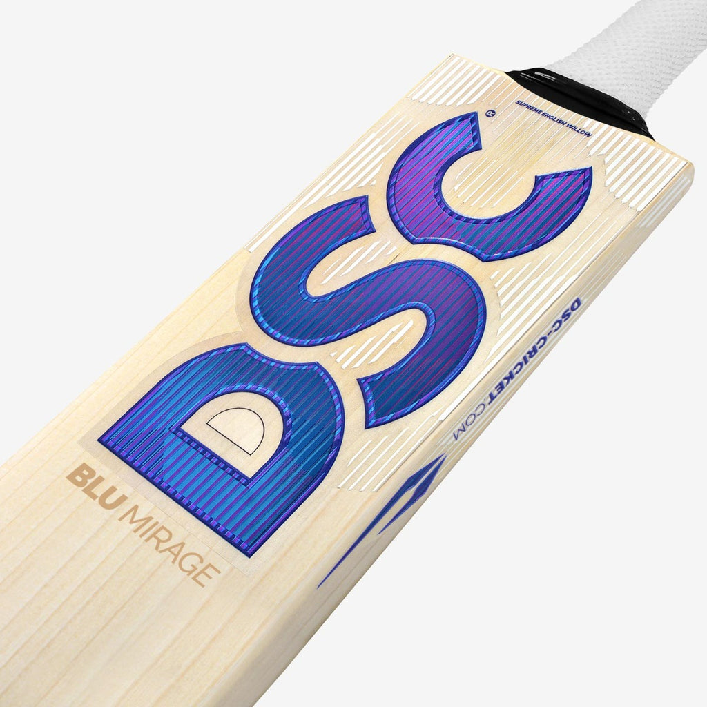 DSC BLU Mirage cricket bat close-up showing blue DSC face branding and Mirage model label
