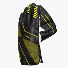 DSC Condor Ruffle adult wicketkeeping glove showing black back and cuff with yellow detailing