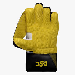 DSC Condor Ruffle adult wicketkeeping glove open palm showing yellow rubber grip and thumb webbing
