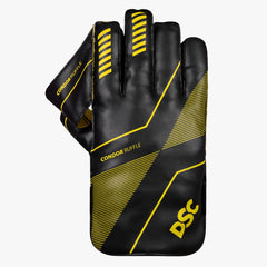 DSC Condor Ruffle adult wicketkeeping glove opposite back view with black fingers and yellow stripes