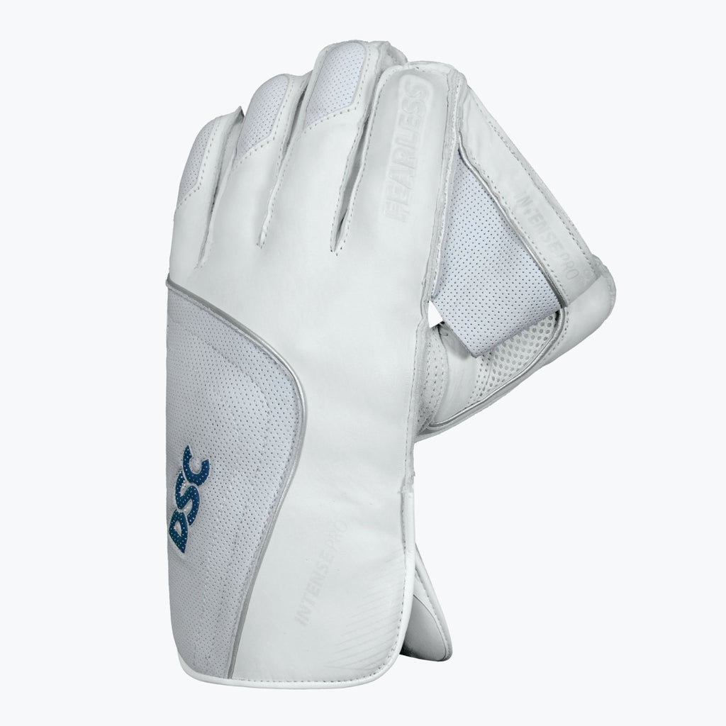 DSC Intense Pro adult wicketkeeping glove showing white leather back and cuff