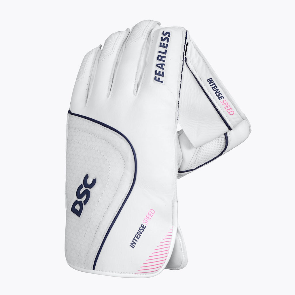 DSC Intense Speed adult wicketkeeping glove white back and cuff with pink and navy detailing