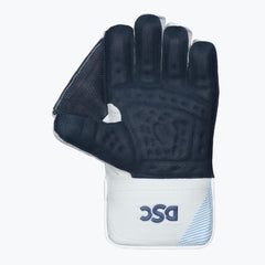 DSC Intense Speed adult wicketkeeping glove open palm showing dark rubber grip and thumb webbing
