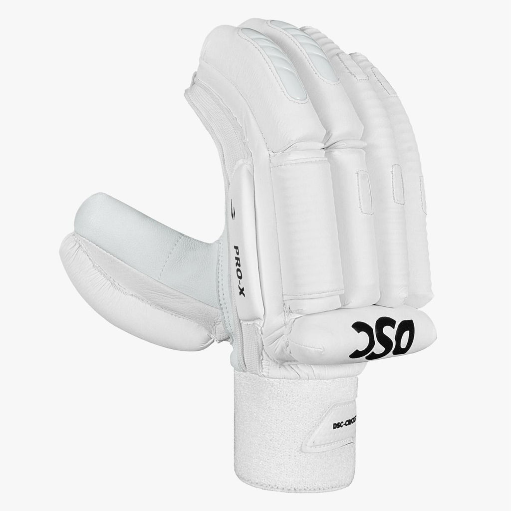 DSC Pro X cricket batting glove with white padded fingers and wrist cuff