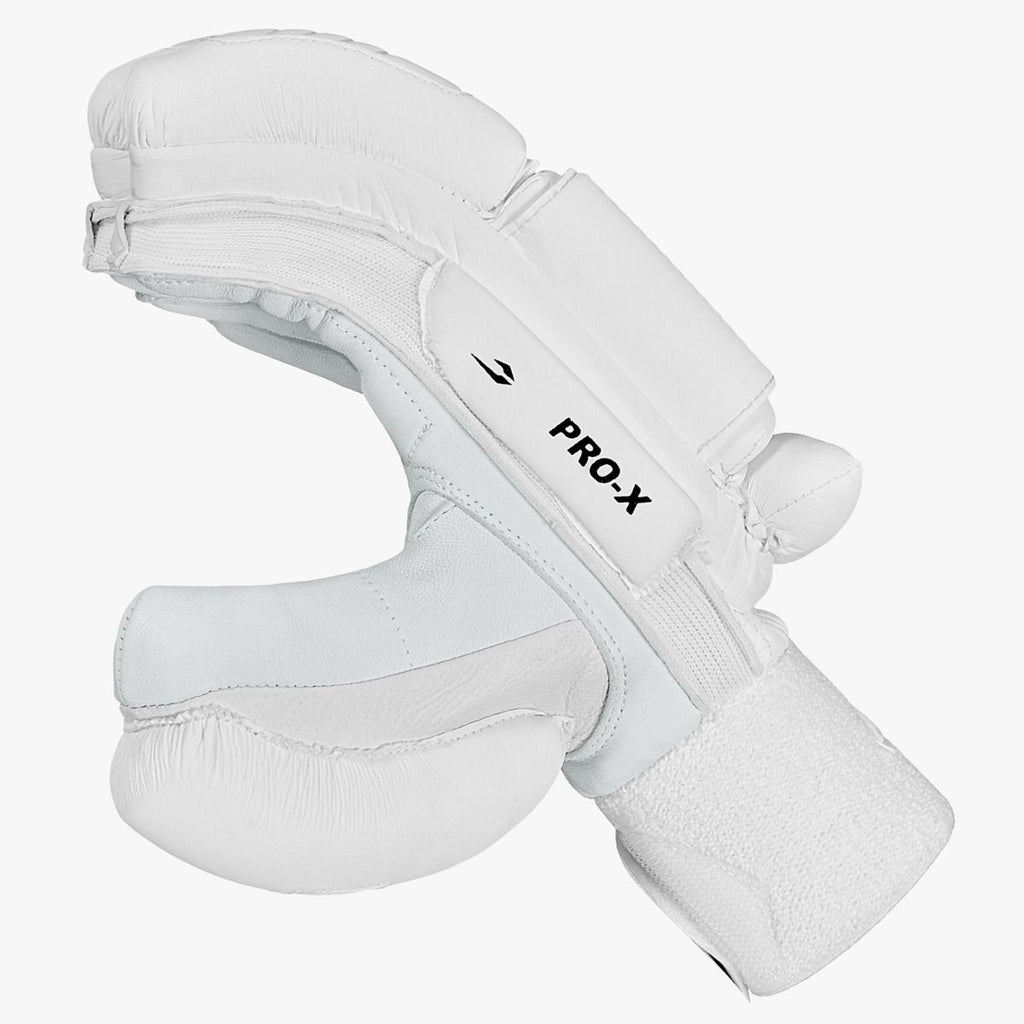 DSC Pro X cricket batting glove, side view showing finger padding, thumb and mesh gusset