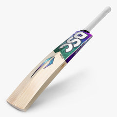 DSC RS 060 Short Handle English willow cricket bat angled rear view with green and purple branding