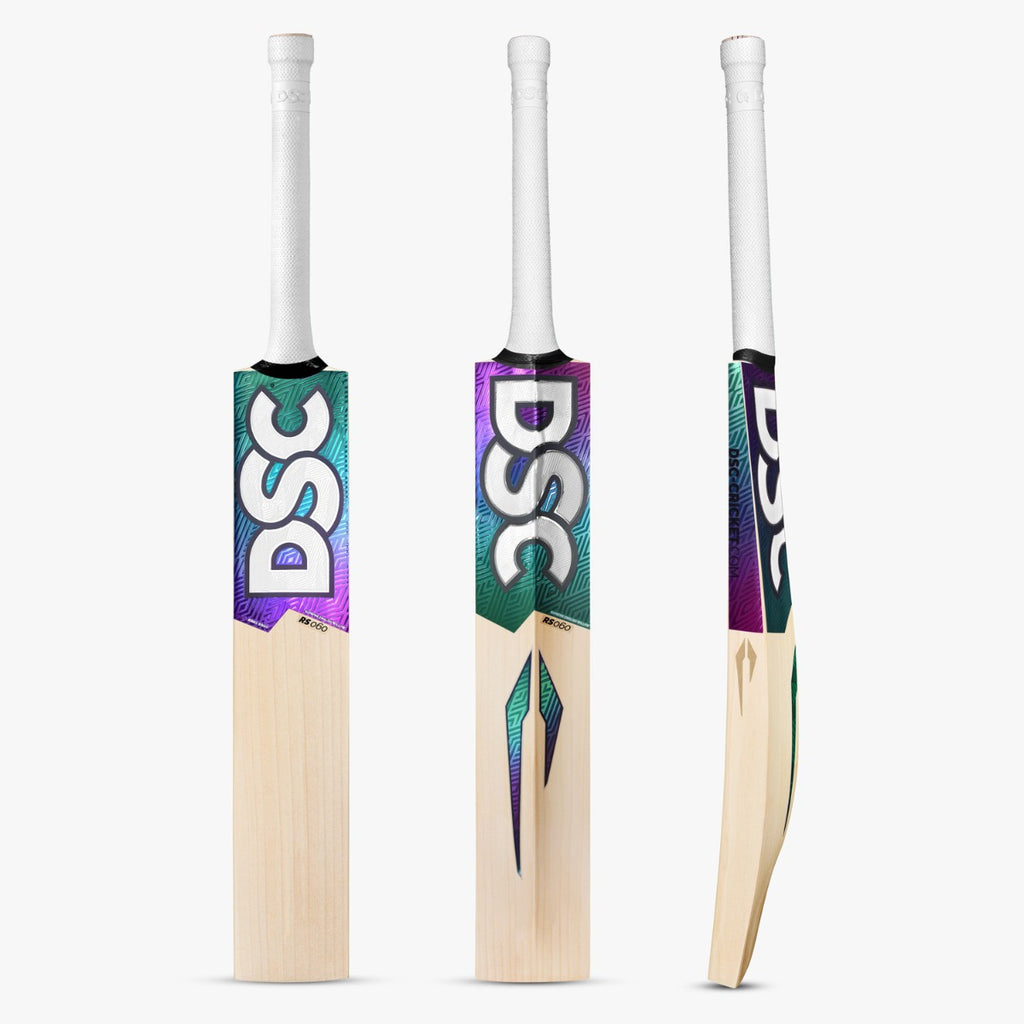 DSC RS 060 Short Handle English willow cricket bat shown from the front, rear and side