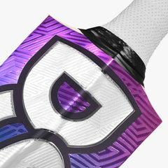 DSC RS 060 cricket bat shoulder and handle close-up showing white grip and purple DSC sticker