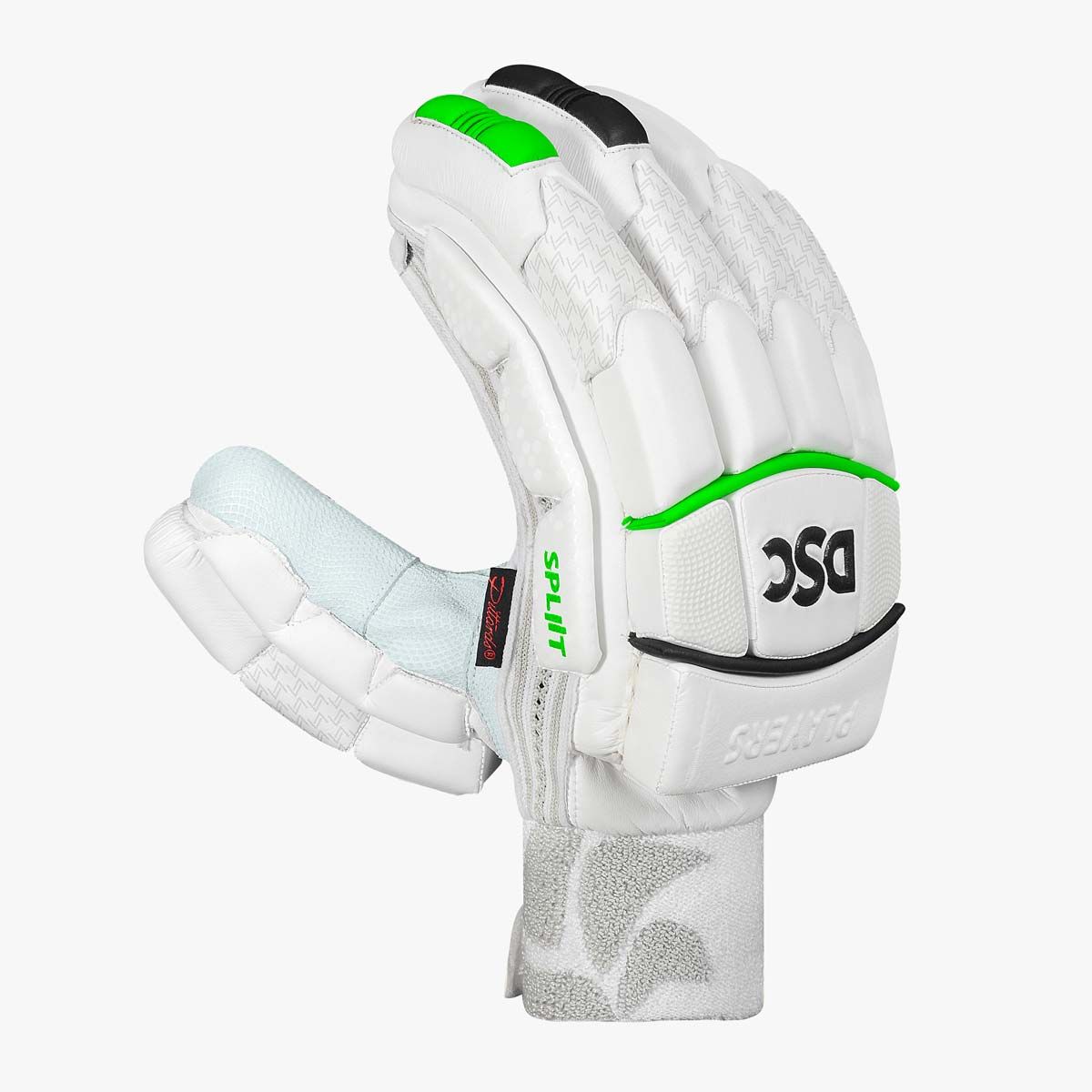 DSC Spliit Players cricket batting gloves, official front view showing finger padding and split thumb