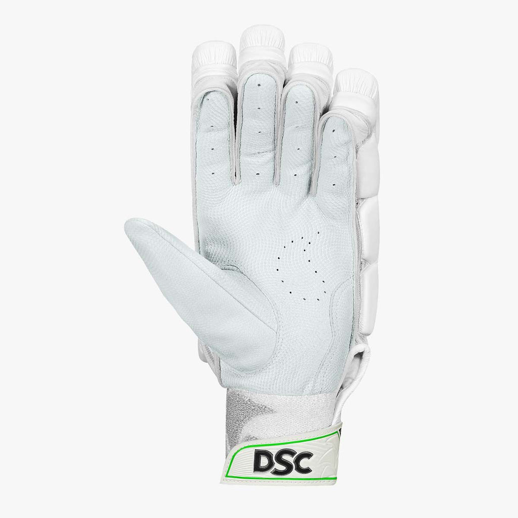 DSC Spliit Players cricket batting gloves, official palm view showing leather grip and ventilation