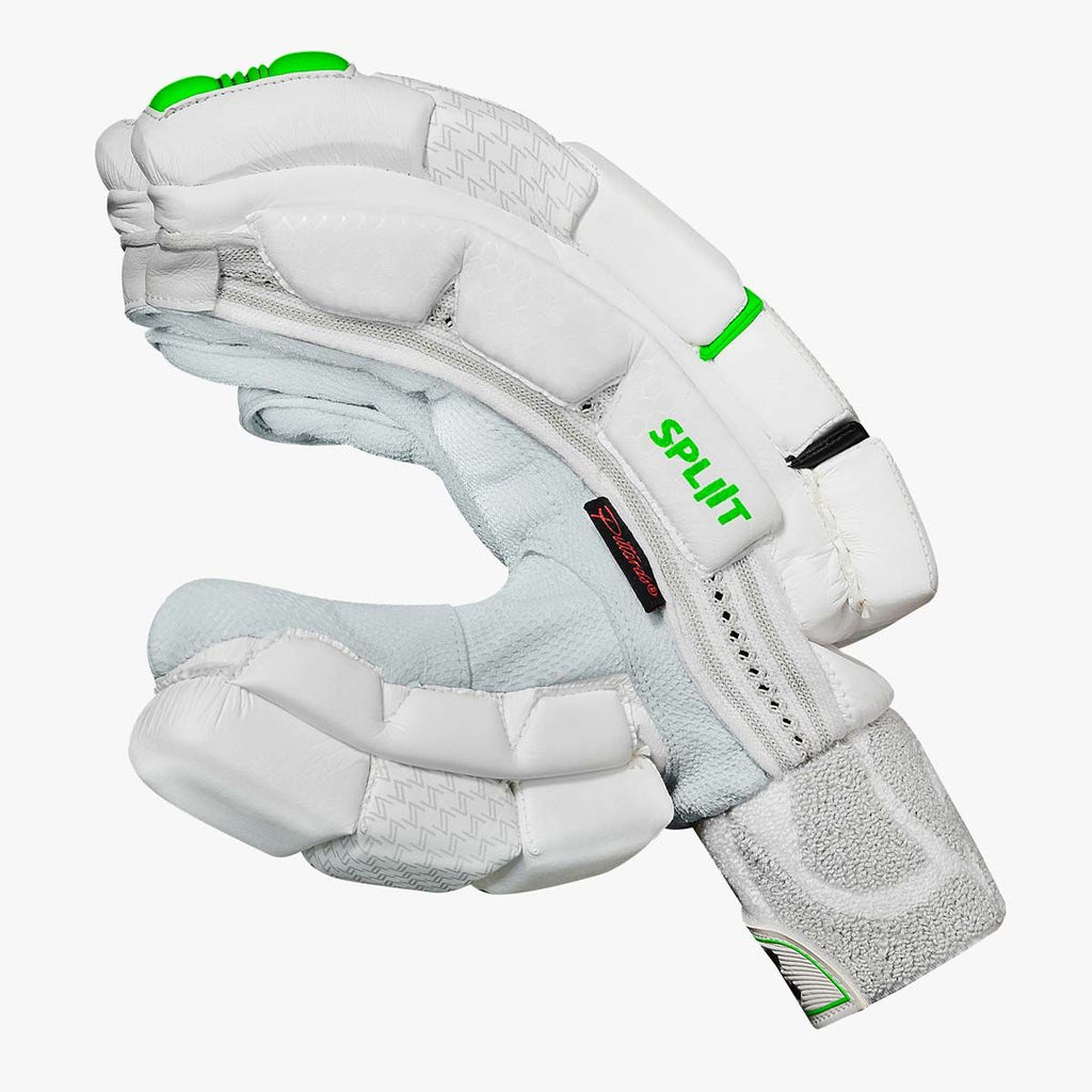DSC Spliit Players cricket batting gloves, official side view showing protective side bars and flexible thumb