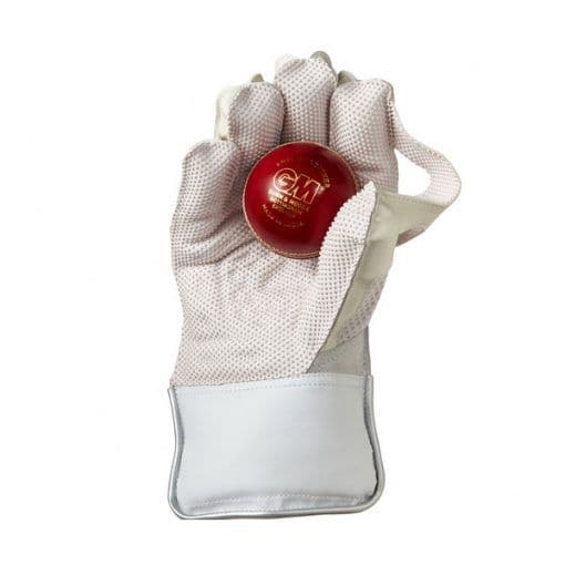 GM Prima 909 wicketkeeping glove showing the catching pocket with a cricket ball