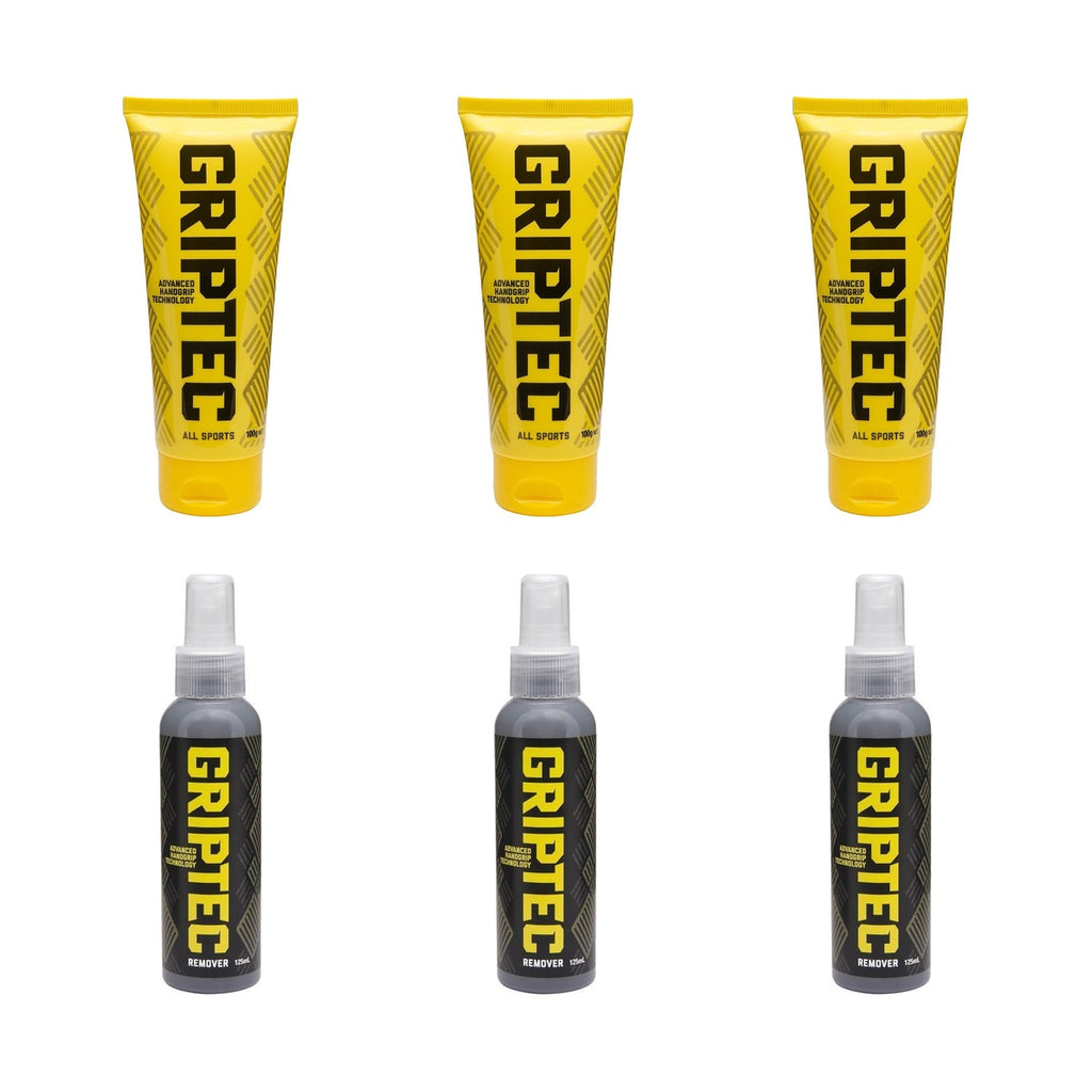 Griptec team pack showing three paste tubes and three remover bottles