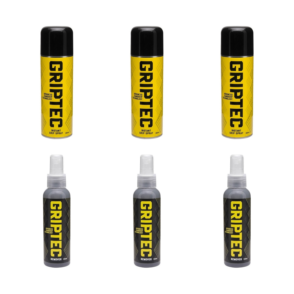 Griptec team pack showing three spray cans and three remover bottles