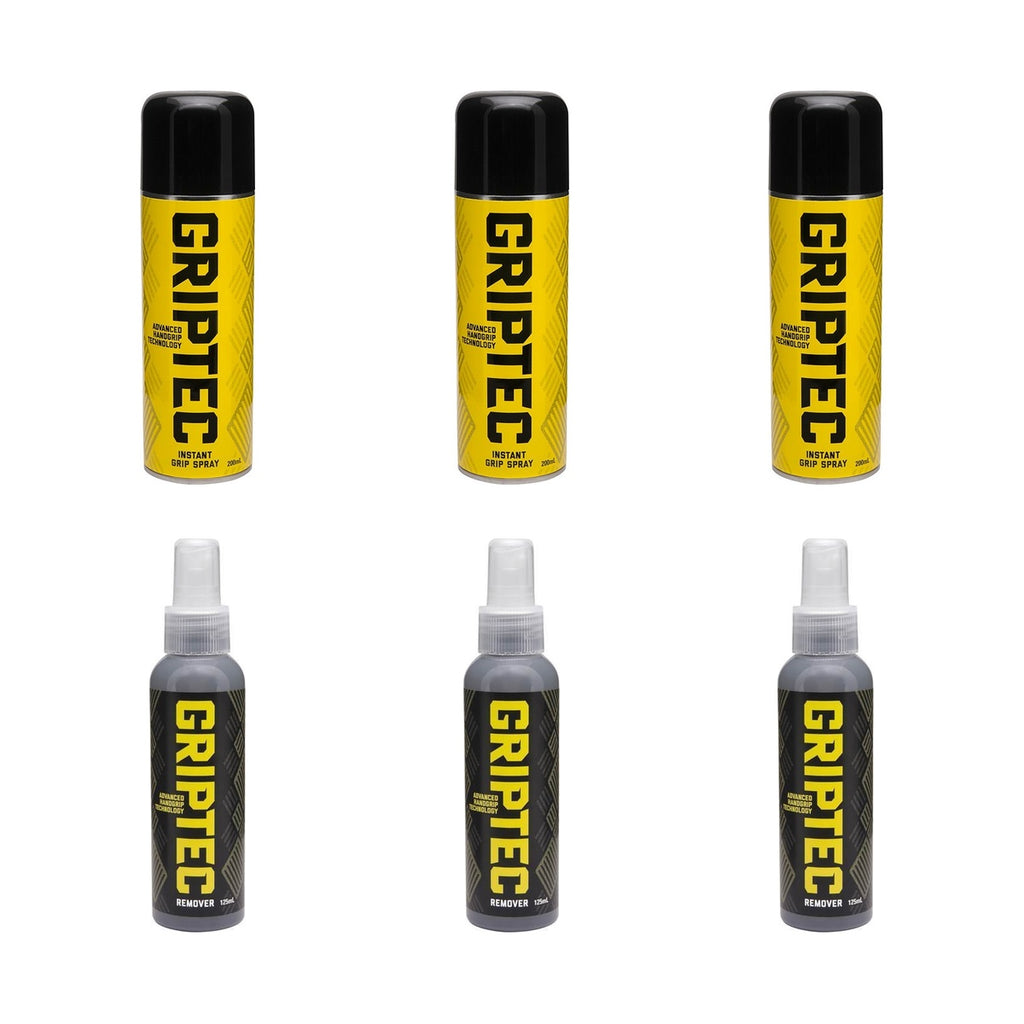 Griptec team pack showing three spray cans and three remover bottles