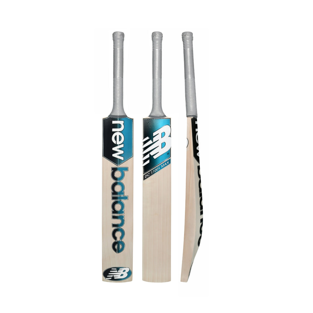 New Balance DC 1100i Max English willow cricket bat, Short Handle, front, back and side views