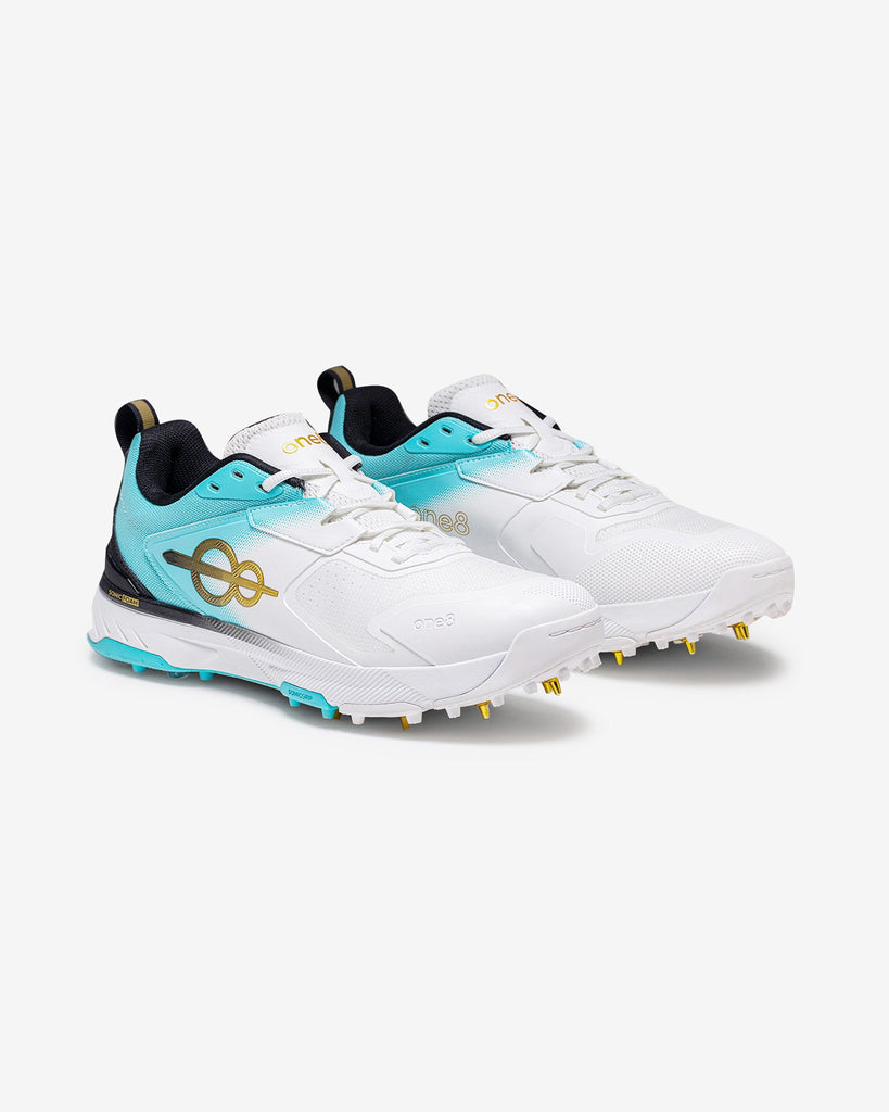 one8 Cover Drive 18 X cricket shoes in Jersey White, Sonic Blue and Trophy Gold, pair view