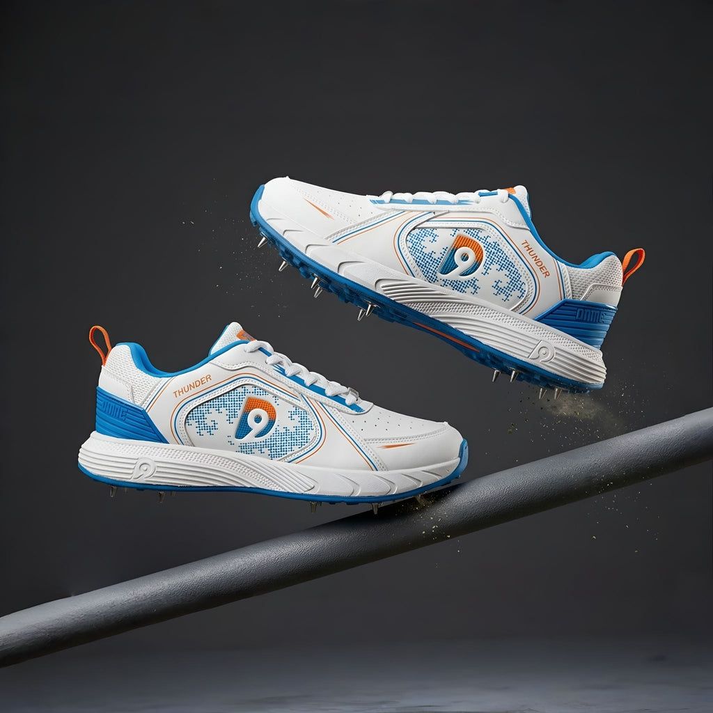 Dnine Thunder 1 Cricket Spikes Shoes White Orange Blue view 3